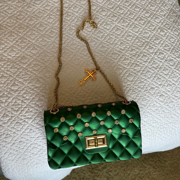 God Forbid $ Co. Green Jeweled Purse with Gold Chain and cross - Picture 2 of 5